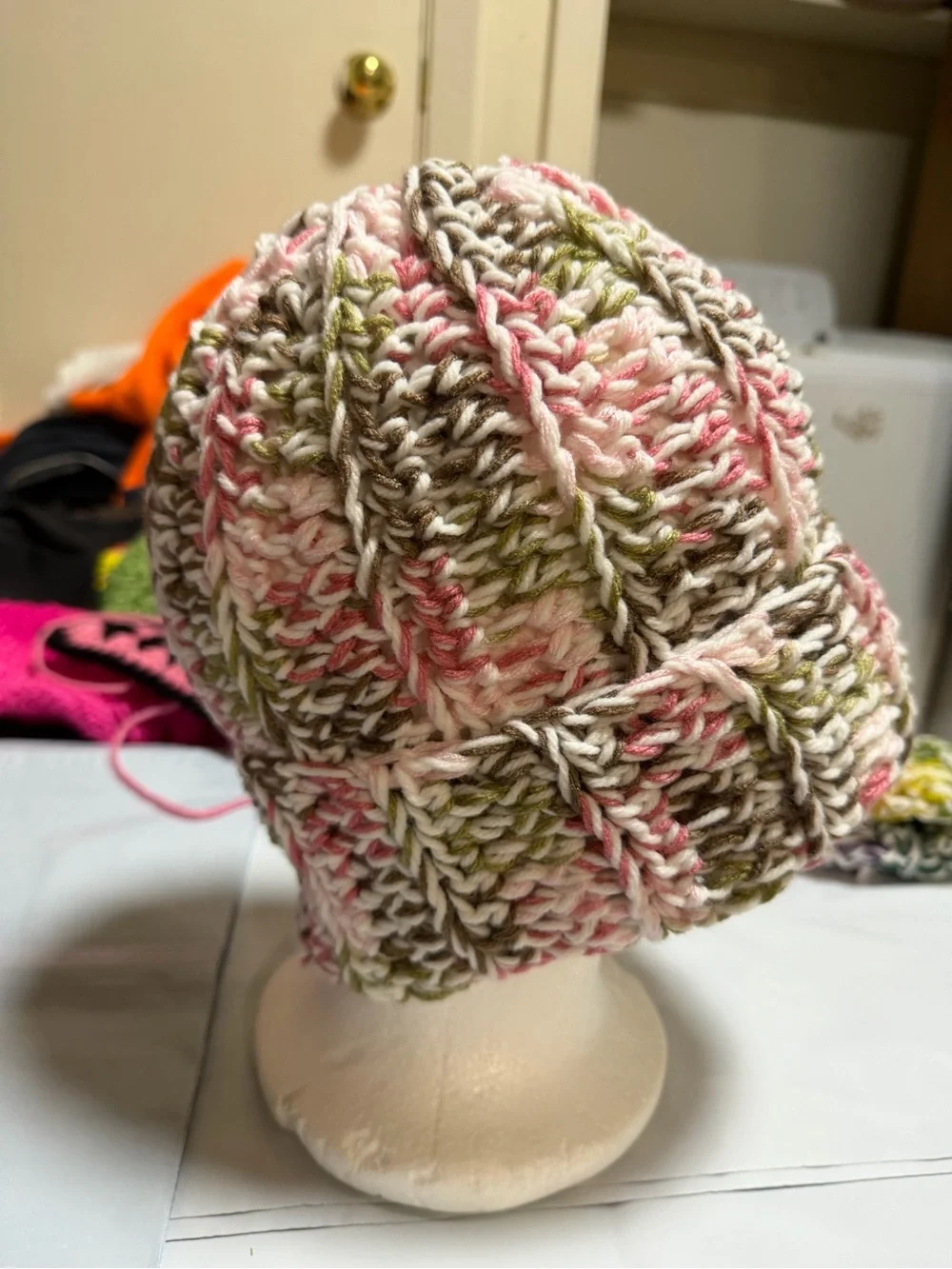 New Ladies Multicolor crochet Beanie - Pink, White, Olive